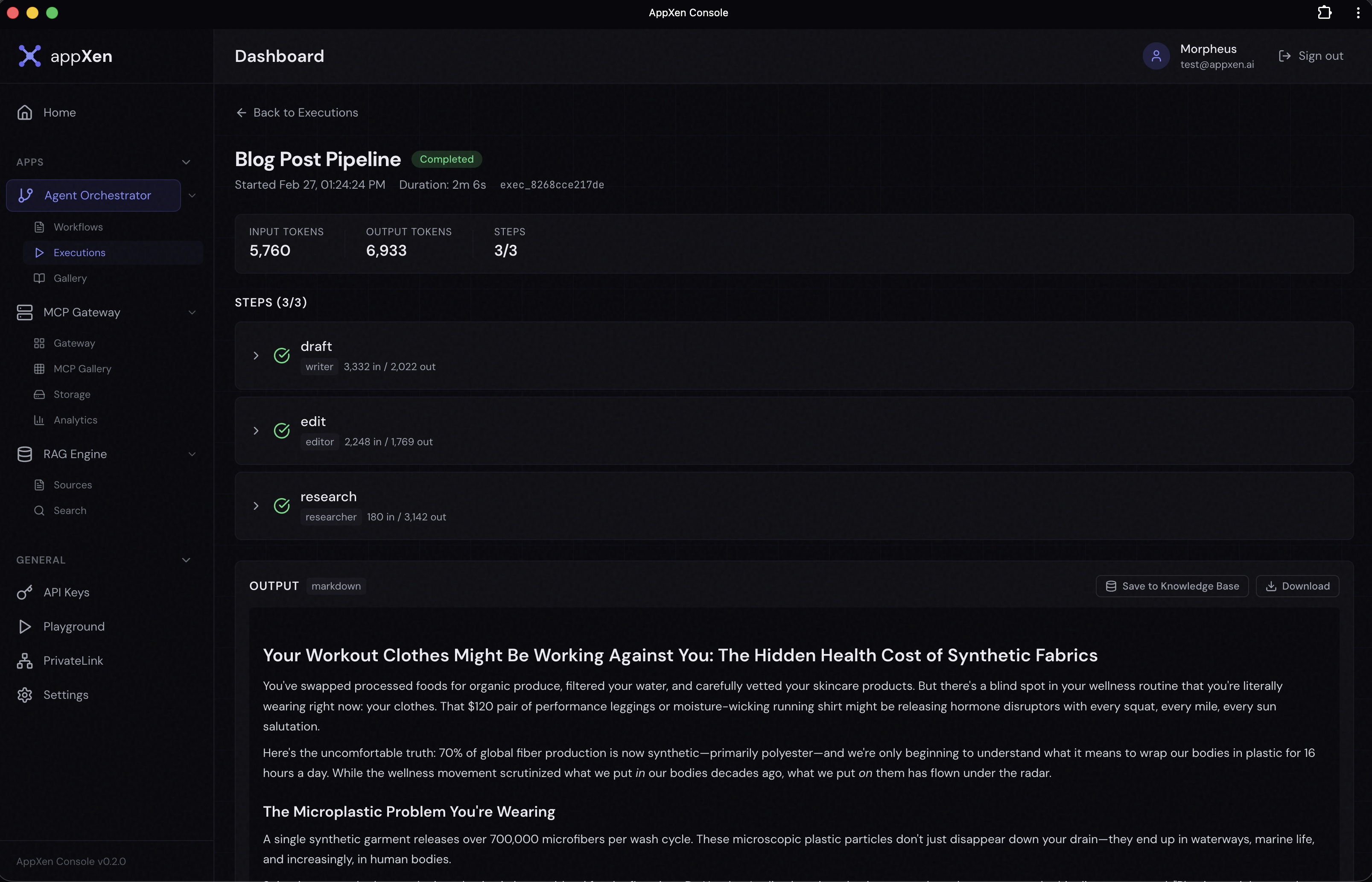 AppXen Console — Workflow execution output with rendered markdown