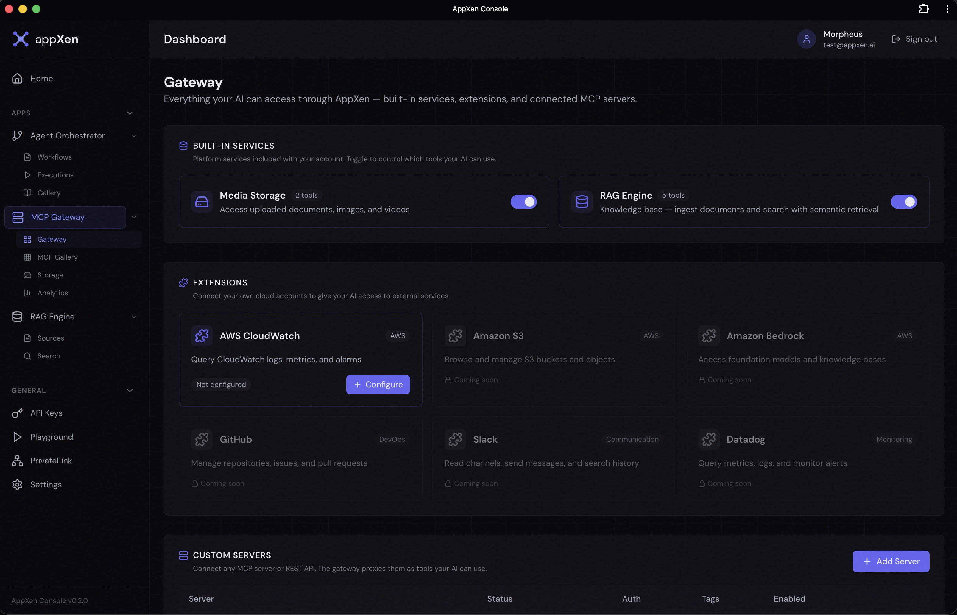 AppXen Console — MCP Gateway with built-in services and extensions