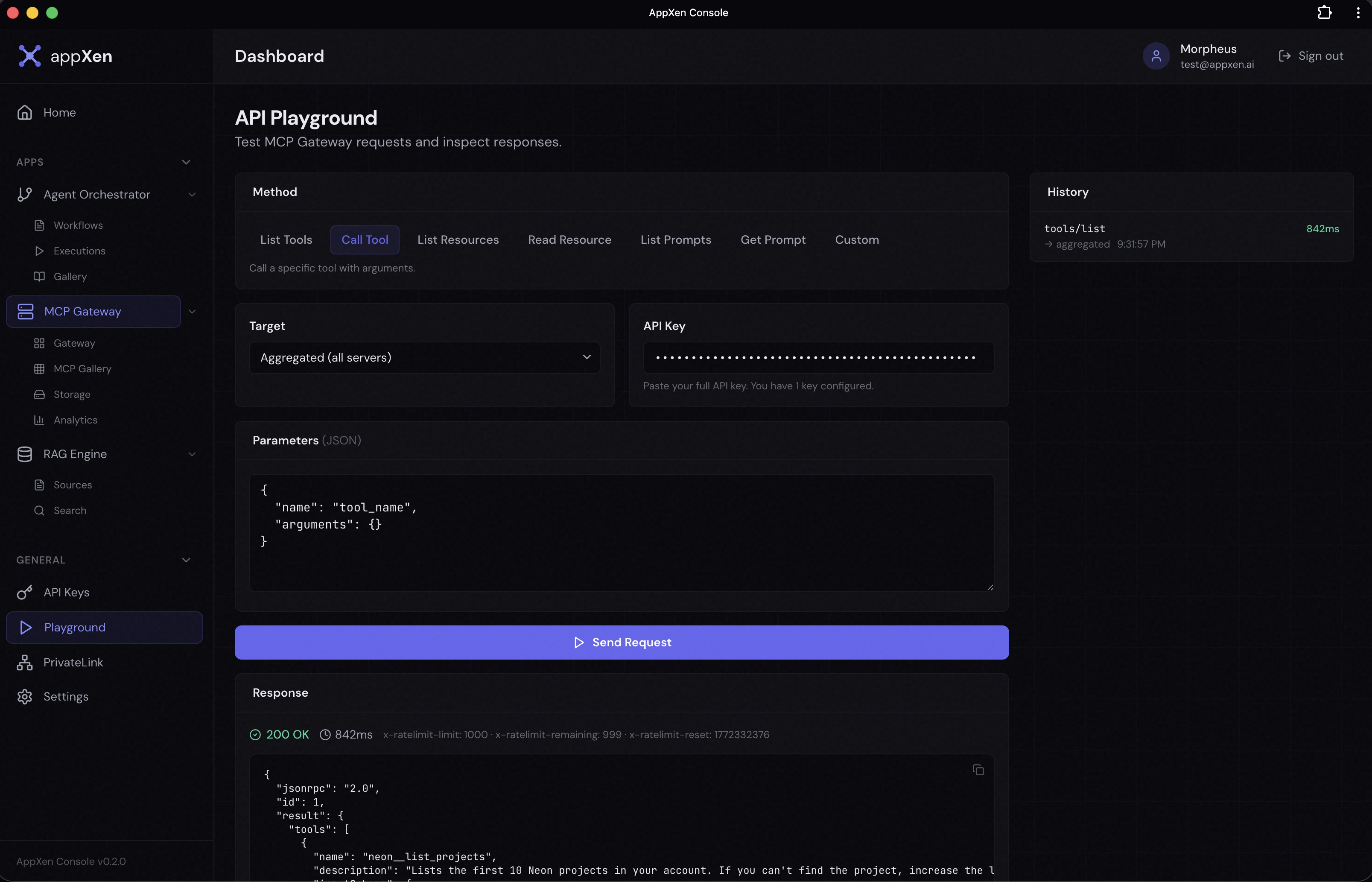 AppXen Console — API Playground with JSON response