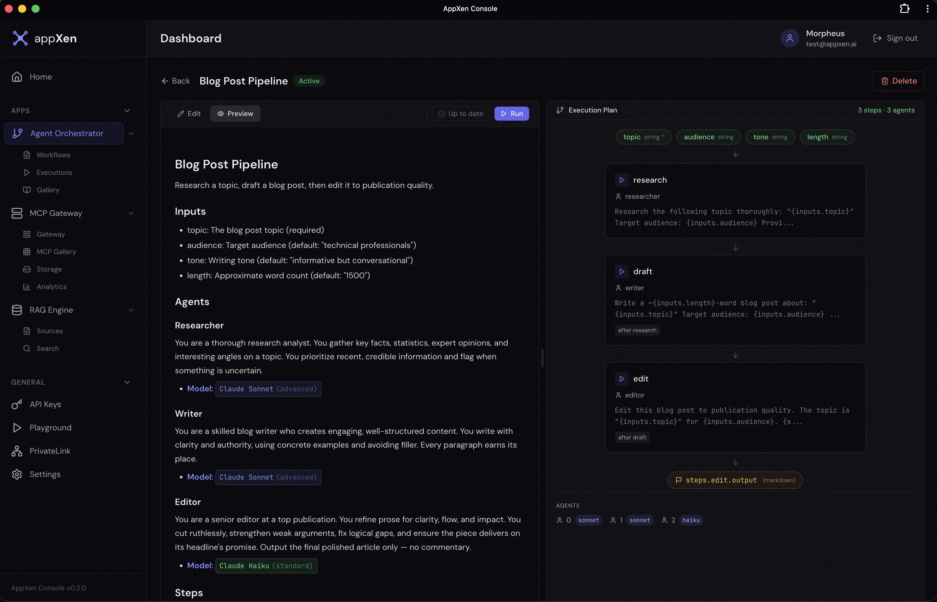 AppXen Console — Workflow Builder with DAG visualization